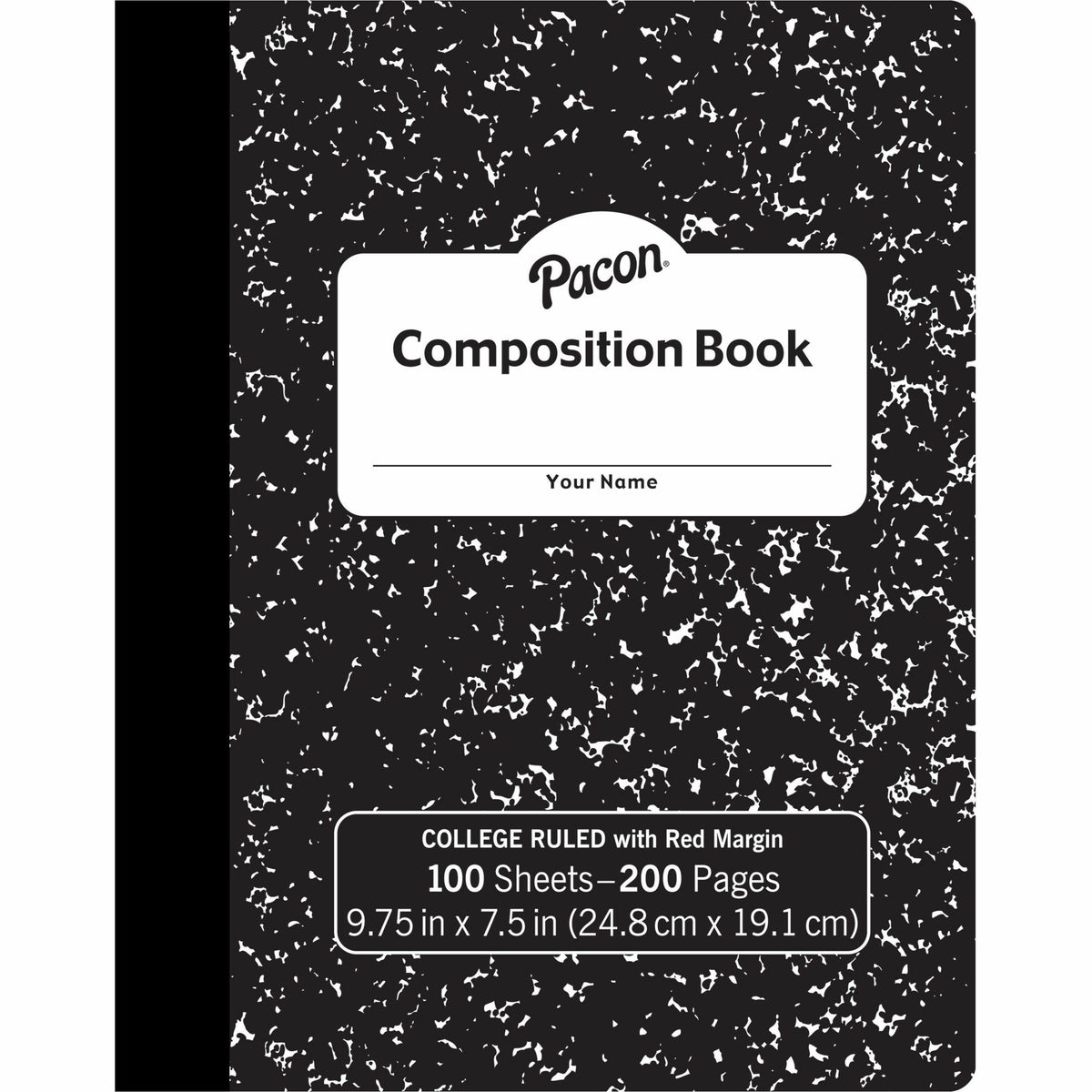 Pacon Composition Book - 100 Sheets - 200 Pages - College Ruled - 0.28" Ruled - 9.75" x 7.5" x 0.1" - White Paper - Black Marble Cover - Durable, Hard Cover - 1 Each