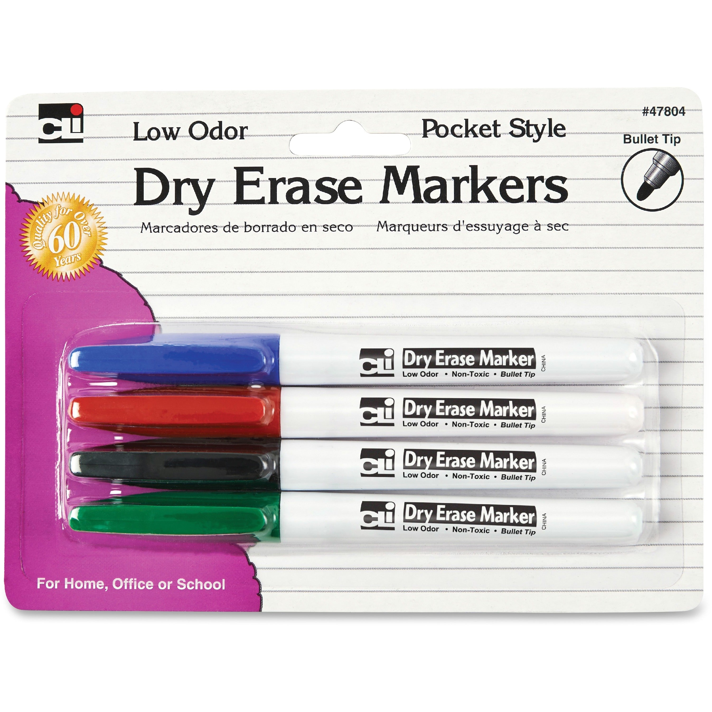 CLI Low Odor Dry Erase Markers - Fine Marker Point - Bullet Marker Point Style - Black, Blue, Red, Green - 4 / Pack - 