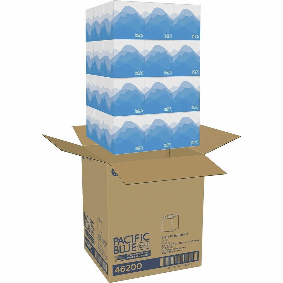 Pacific Blue Select Facial Tissue by GP Pro - Cube Box - 2 Ply - 7.65" x 8.85" - White - Soft, Absorbent - 100 Per Box - 36 / Carton