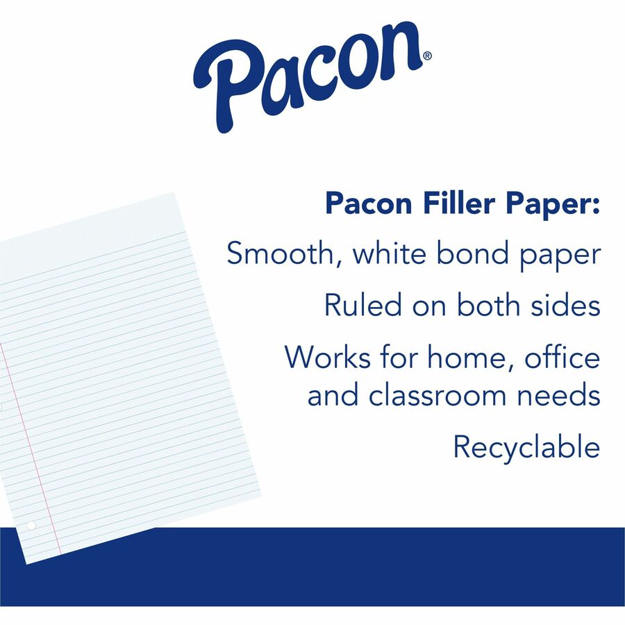 Pacon Wide Ruled Filler Paper - 100 Sheets - Wide Ruled - 0.38" Ruled - Red Margin - 3 Hole(s) - 8" x 10 1/2" - White Paper - Smooth, Punched - 100 / Pack - 