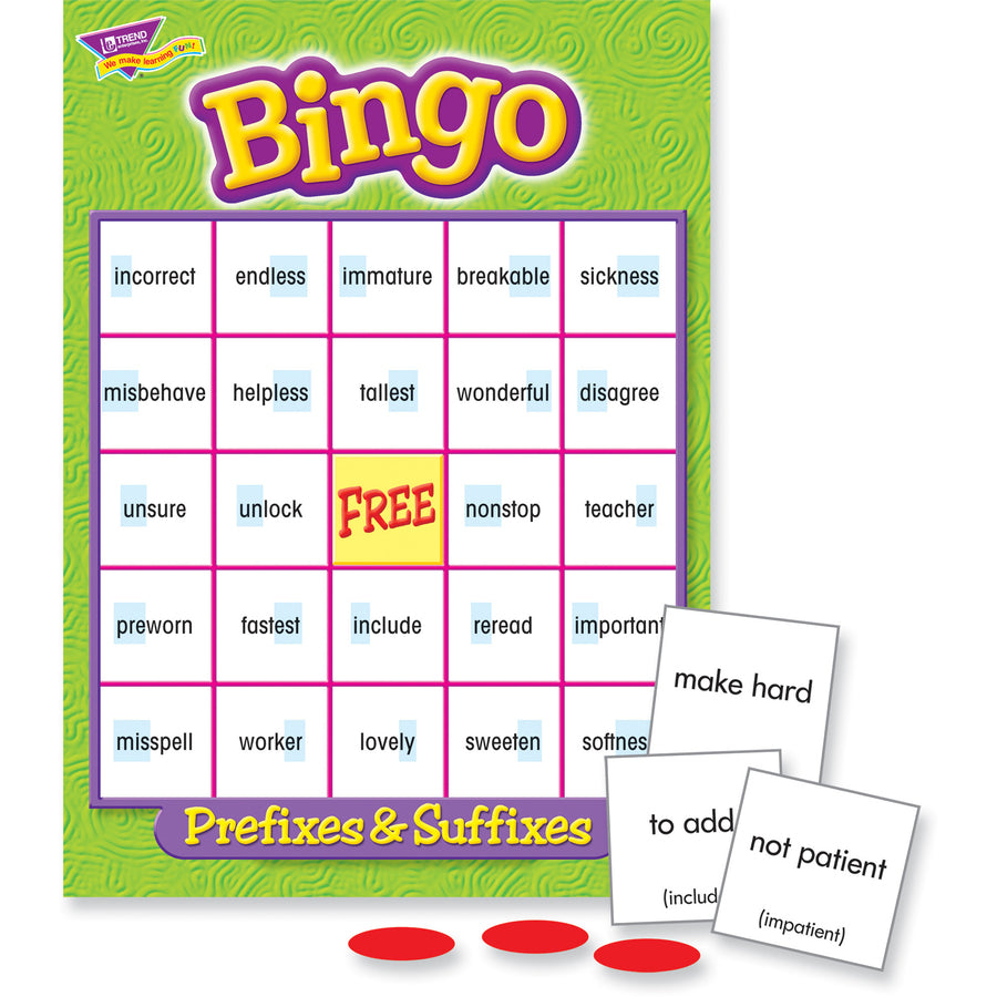 Trend Prefixes and Suffixes Bingo Game - Educational - 3 to 36 Players - 1 Each - 