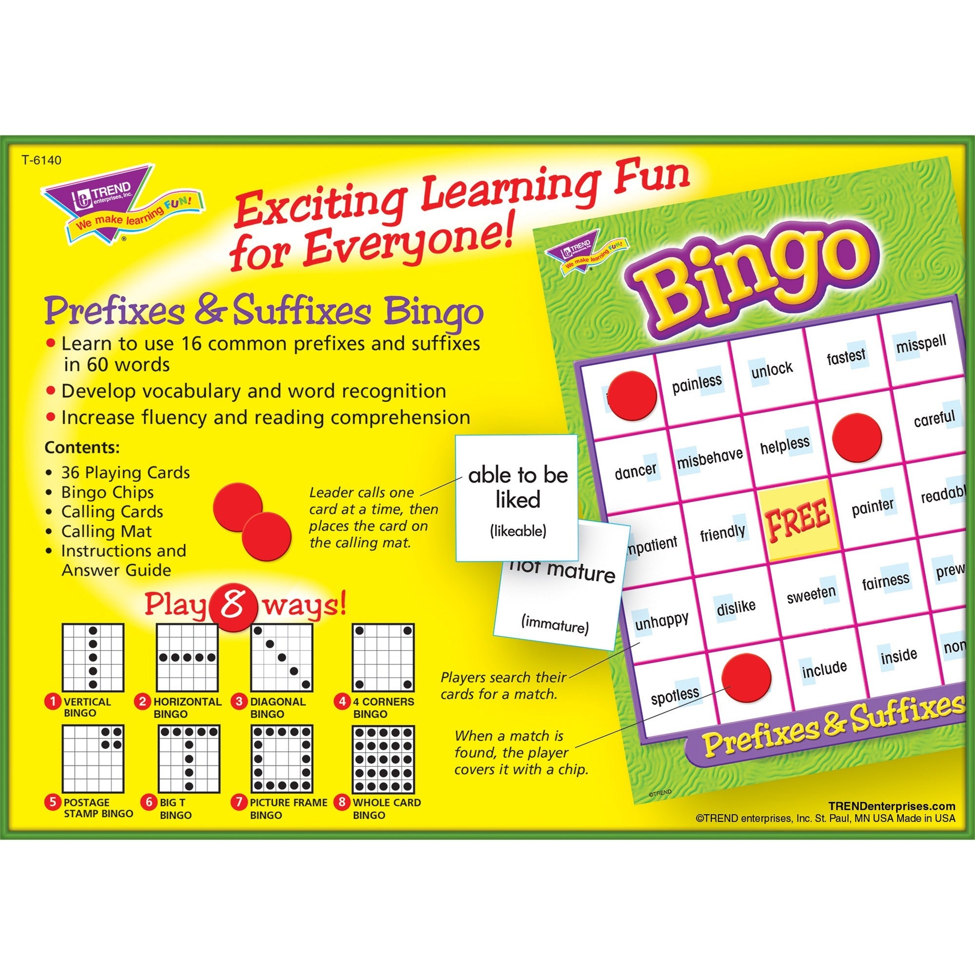 Trend Prefixes and Suffixes Bingo Game - Educational - 3 to 36 Players - 1 Each - 