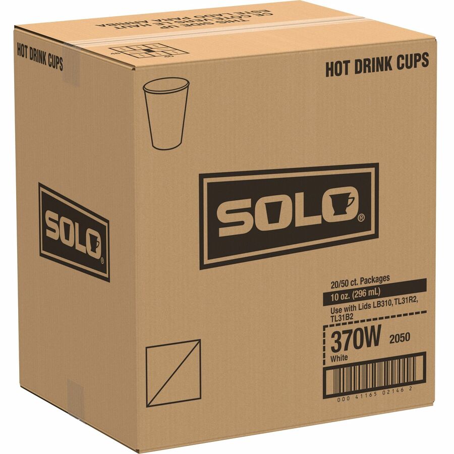 Solo 10 oz Paper Hot Cups - 50.0 / Bag - 20 / Carton - White - Paper - Hot Drink, Cold Drink, Beverage - 6