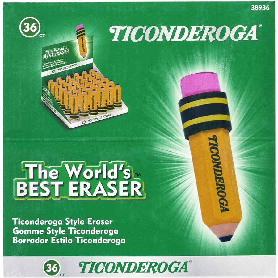 Ticonderoga Pencil-Shaped Erasers - Yellow - Pencil - 36 / Box - Latex-free, Smudge-free, Non-toxic - 