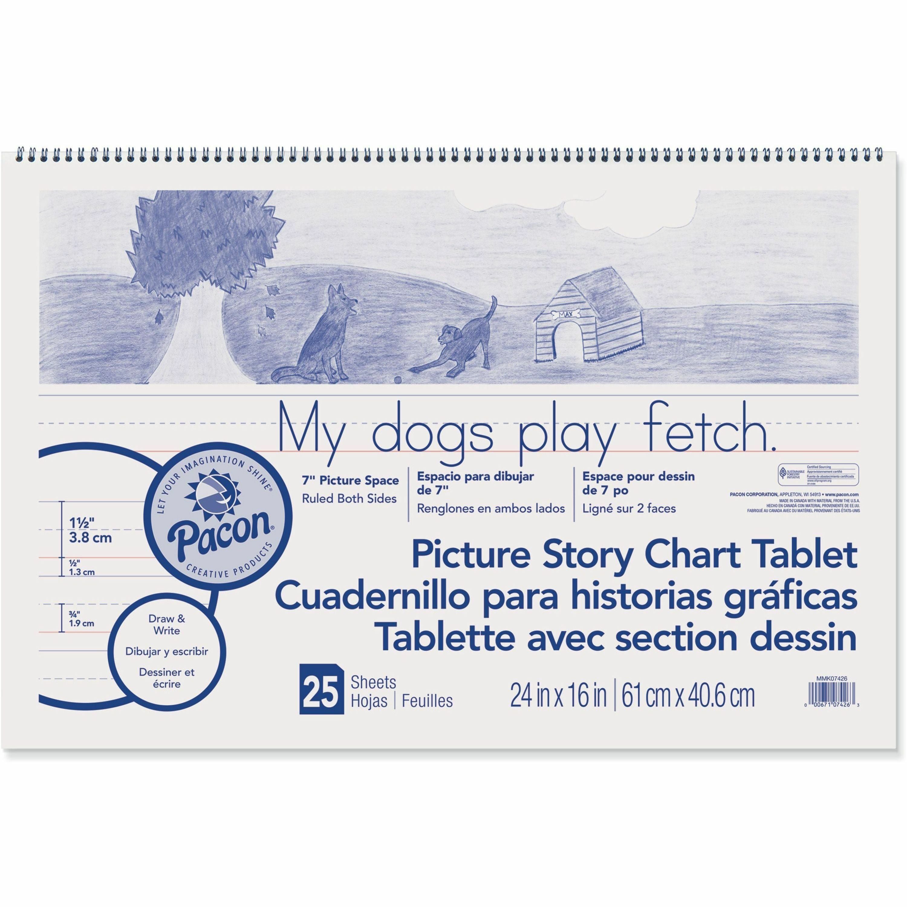 pacon-ruled-picture-story-chart-tablet-25-sheets-spiral-bound-both-side-ruling-surface-ruled-150-ruled-7-picture-story-space-24-x-16-white-paper-punched-recycled-1-each_pacmmk07426 - 1