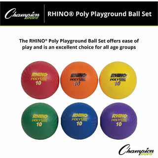 Rhino Playground Ball Set, 10" Diameter, Rubber, Assorted Colors, 6/Set