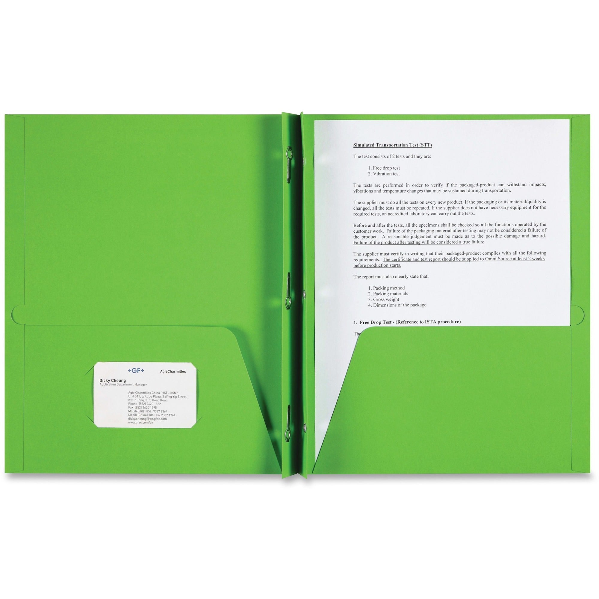Sparco Letter Pocket Folder - 8 1/2" x 11" - 3 x Double Prong Fastener(s) - 2 Internal Pocket(s) - Apple Green - 25 / Box - 