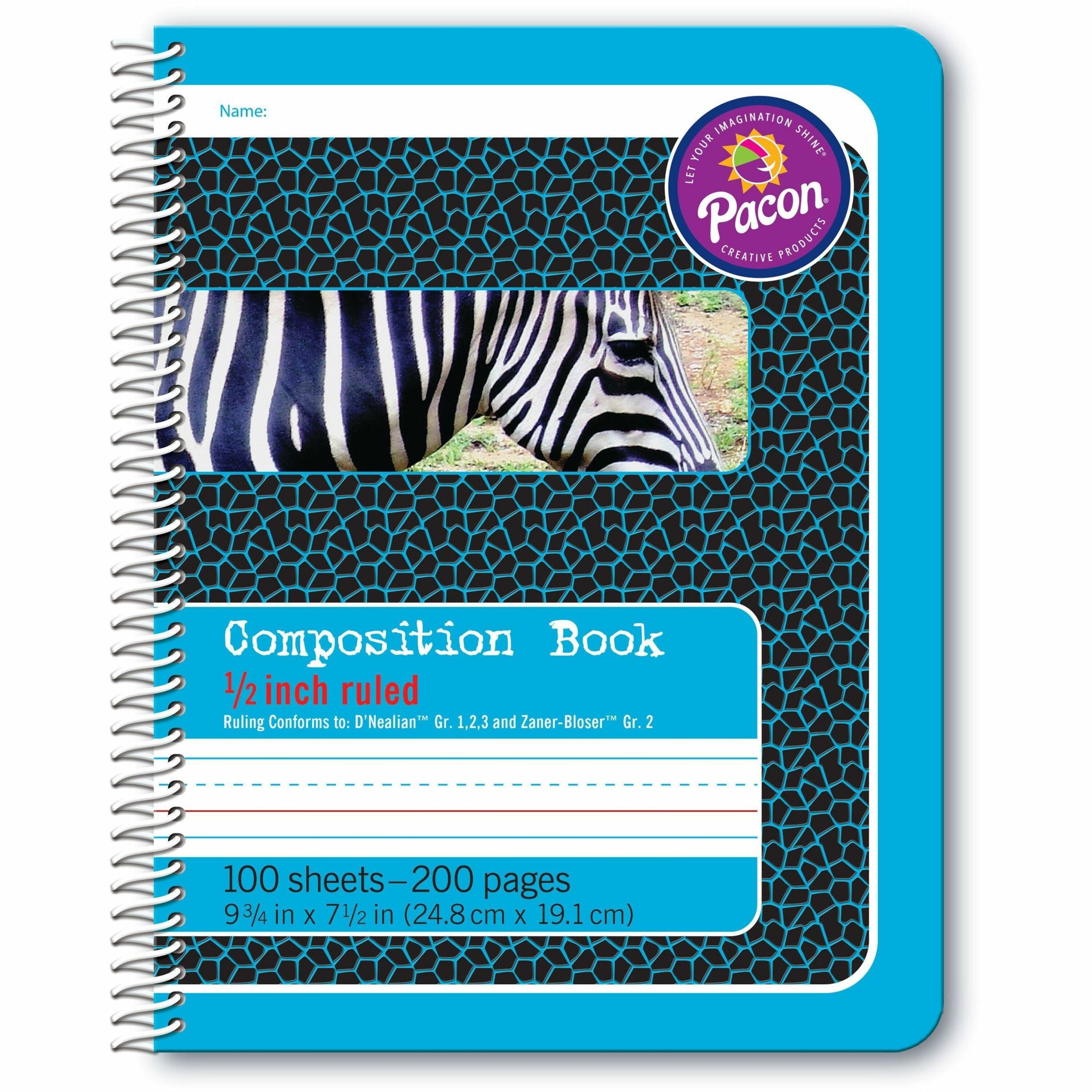 Pacon Composition Book - 100 Sheets - 200 Pages - Spiral Bound - Short Way Ruled - 0.50" Ruled - 7 1/2" x 9 3/4" - Blue Cover - 1 Each - 