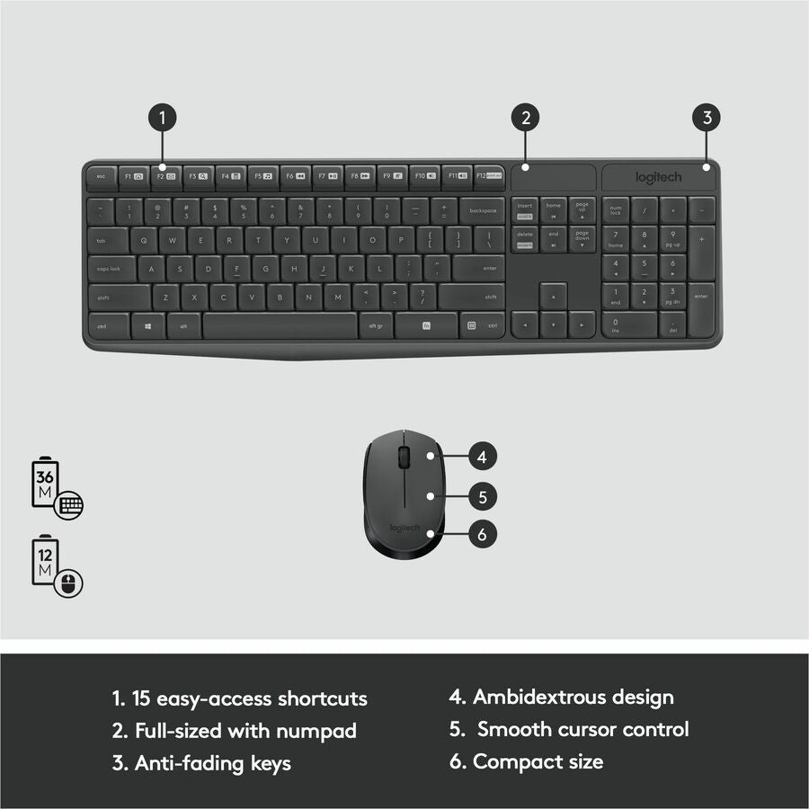 Logitech MK235 Keyboard & Mouse (Keyboard English Layout only) - USB Wireless RF - English - Black - USB Wireless RF - Optical - Scroll Wheel - QWERTY - Black - AAA, AA - Compatible with Desktop Computer for PC, Linux, ChromeOS - 1 Pack