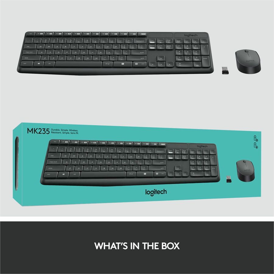 Logitech MK235 Keyboard & Mouse (Keyboard English Layout only) - USB Wireless RF - English - Black - USB Wireless RF - Optical - Scroll Wheel - QWERTY - Black - AAA, AA - Compatible with Desktop Computer for PC, Linux, ChromeOS - 1 Pack