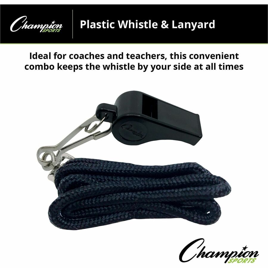 Sports Whistle with Black Nylon Lanyard, Plastic, Black, Dozen