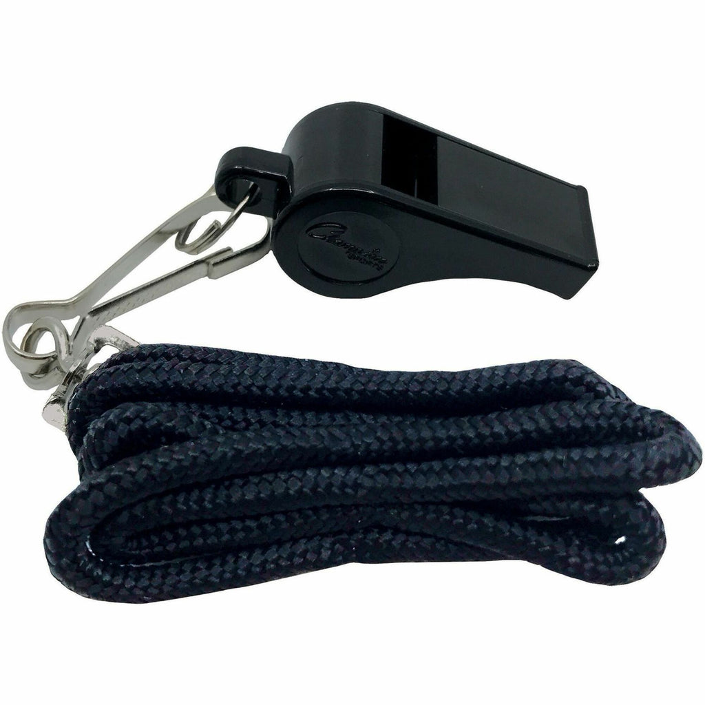 Sports Whistle with Black Nylon Lanyard, Plastic, Black, Dozen