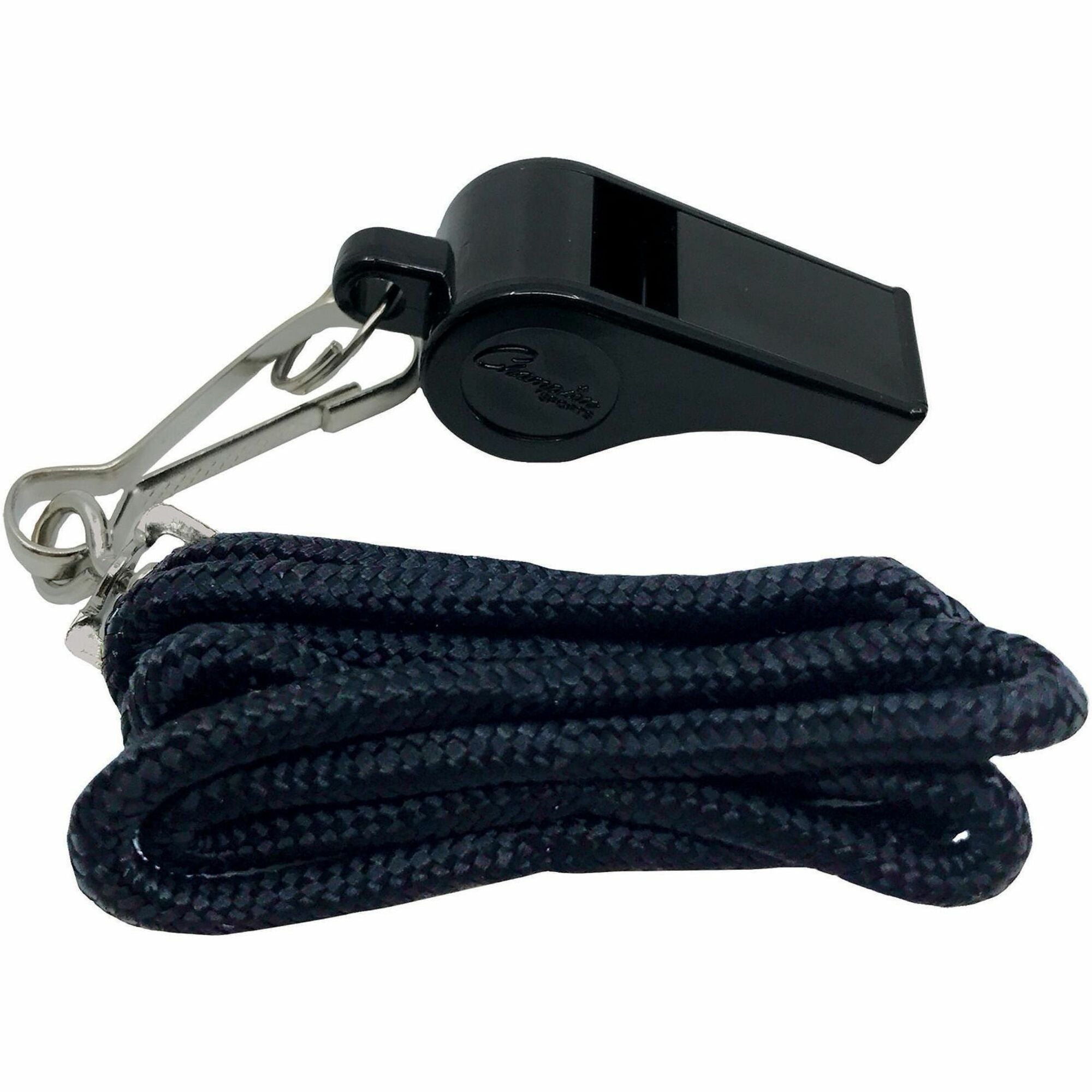 Sports Whistle with Black Nylon Lanyard, Plastic, Black, Dozen