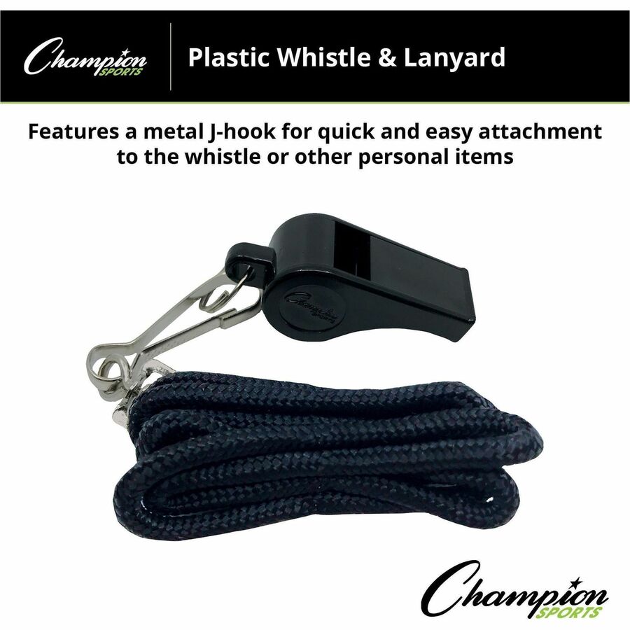 Sports Whistle with Black Nylon Lanyard, Plastic, Black, Dozen