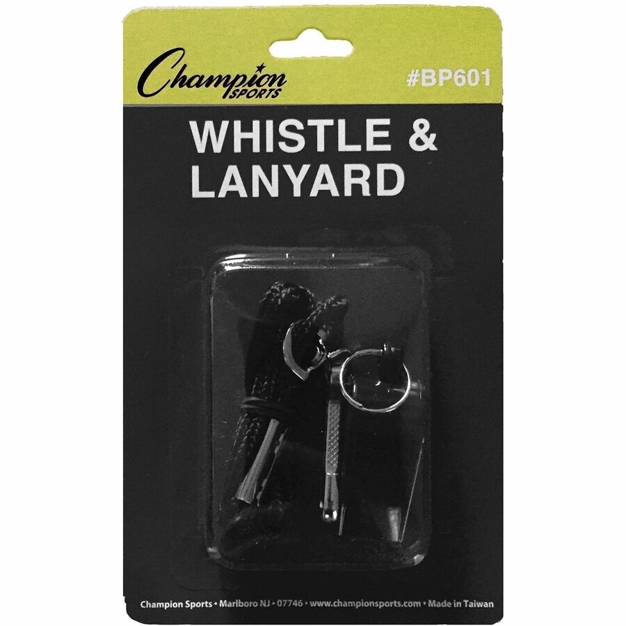 Sports Whistle with Black Nylon Lanyard, Plastic, Black, Dozen