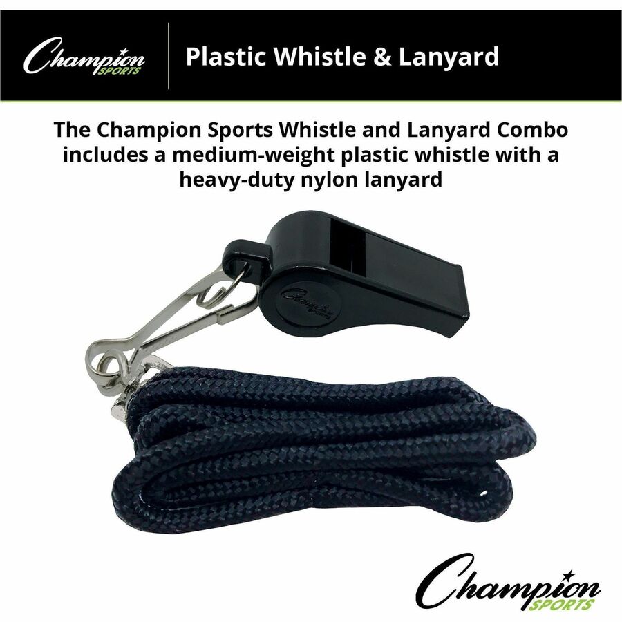 Sports Whistle with Black Nylon Lanyard, Plastic, Black, Dozen