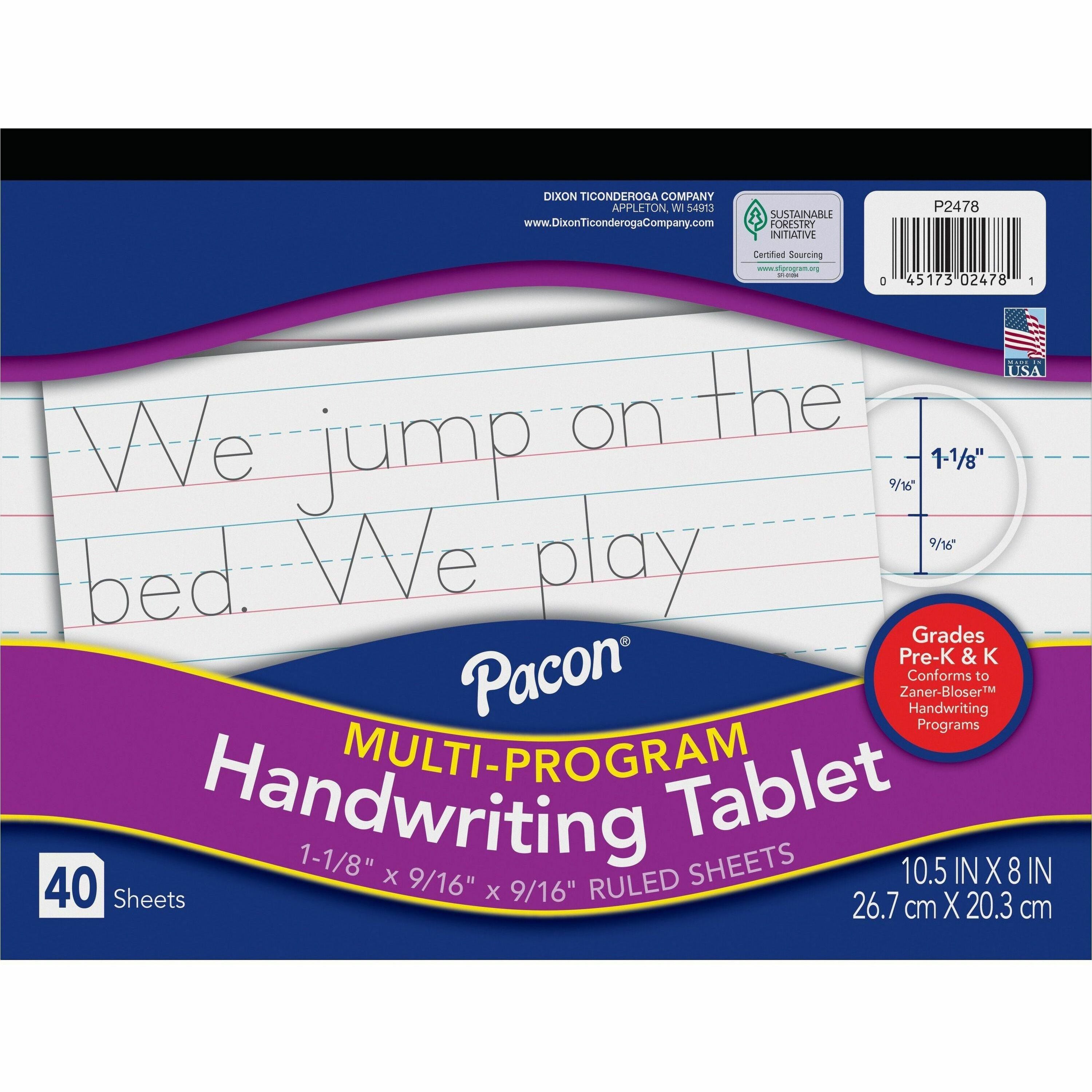 pacon-multi-program-handwriting-tablet-40-sheets-both-side-ruling-surface-ruled-113-ruled-10-1-2-x-8-white-paper-assorted-cover-chipboard-backing-recyclable-film-wrapped-1-each_pac2478 - 1