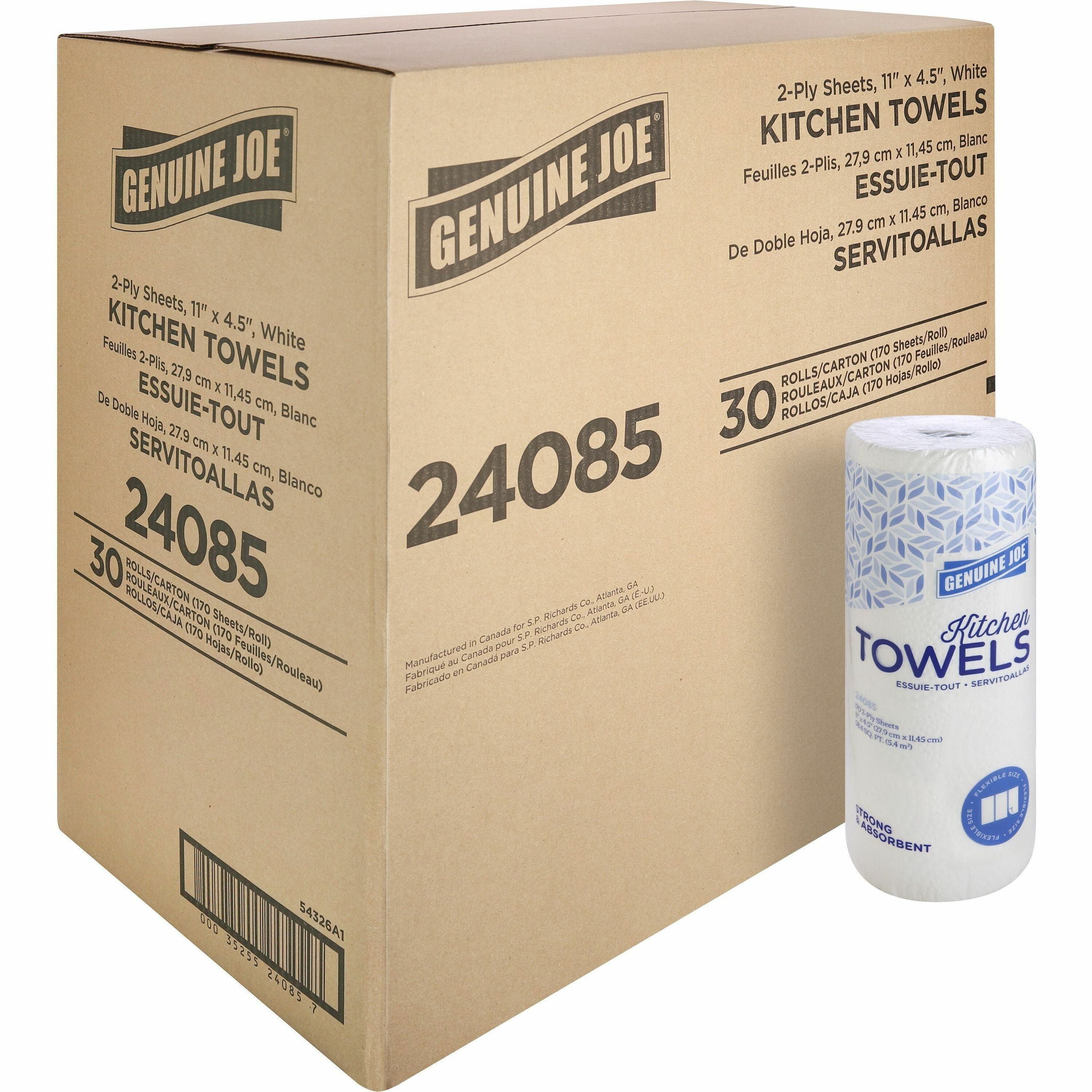 genuine-joe-kitchen-roll-flexible-size-towels-2-ply-163-core-white-paper-flexible-perforated-absorbent-soft-for-kitchen-multipurpose-breakroom-30-carton_gjo24085 - 1