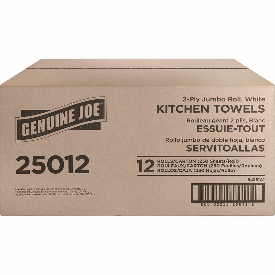 Genuine Joe Paper Towels - 2 Ply - 8" x 11" - 250 Sheets/Roll - 1.63" Core - White - Paper - Perforated, Absorbent, Soft, Chlorine-free - For Kitchen, Multipurpose, Hand, Breakroom - 12 / Carton