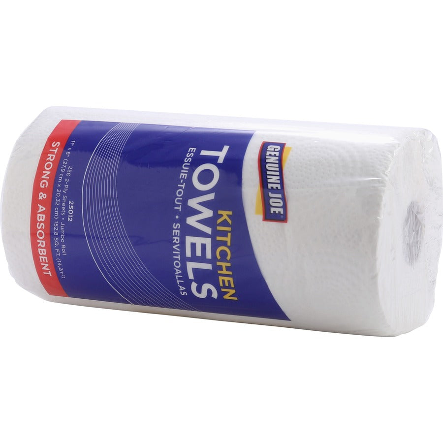 Genuine Joe Paper Towels - 2 Ply - 8" x 11" - 250 Sheets/Roll - 1.63" Core - White - Paper - Perforated, Absorbent, Soft, Chlorine-free - For Kitchen, Multipurpose, Hand, Breakroom - 12 / Carton