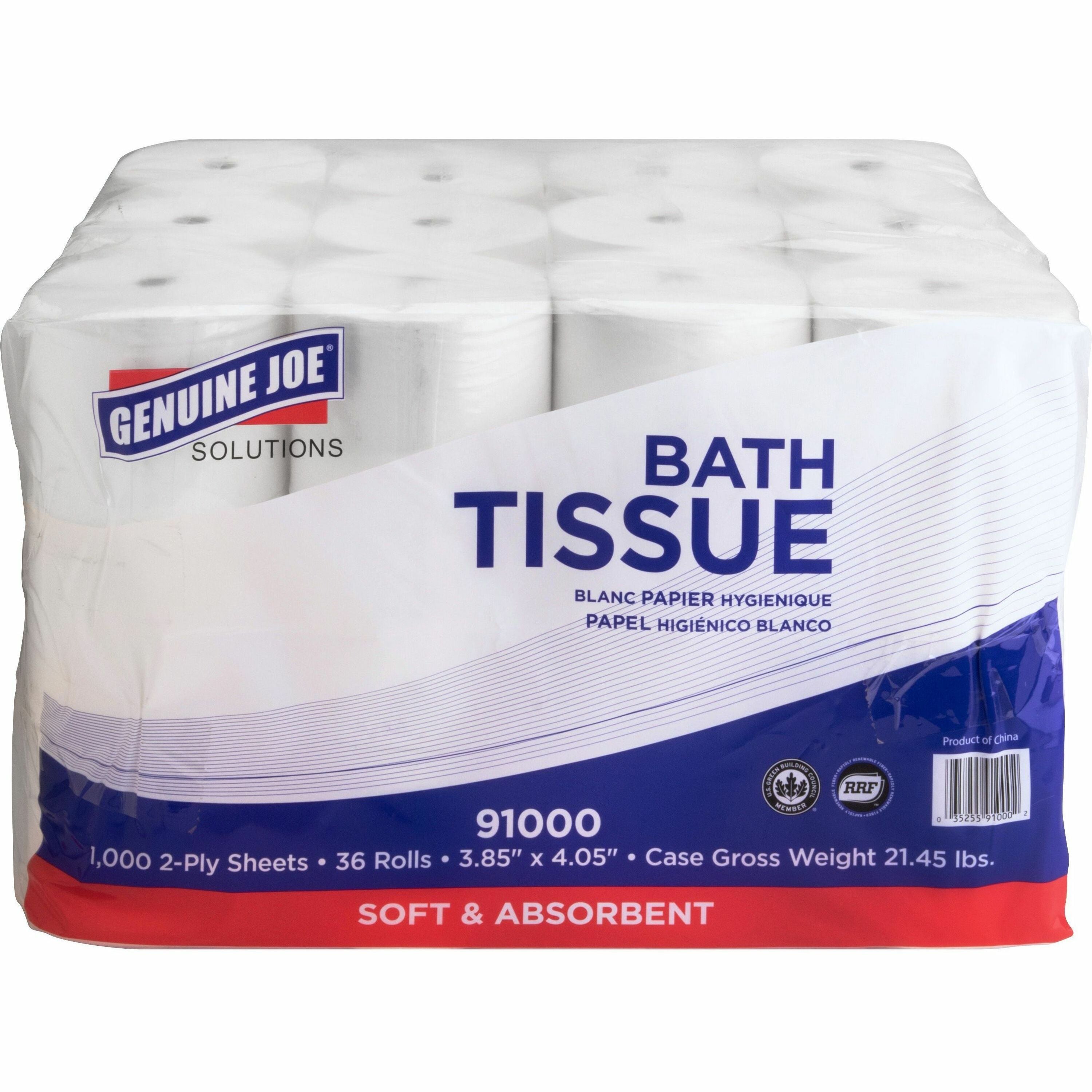genuine-joe-solutions-double-capacity-bath-tissue-2-ply-1000-sheets-roll-071-core-white-virgin-fiber-embossed-chlorine-free-for-bathroom-36-carton_gjo91000 - 1