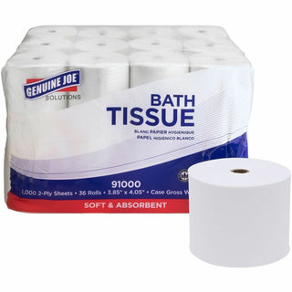 Genuine Joe Solutions Double Capacity Bath Tissue - 2 Ply - 1000 Sheets/Roll - 0.71" Core - White - Virgin Fiber - Embossed, Chlorine-free - For Bathroom - 36 / Carton