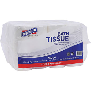 Genuine Joe Solutions Double Capacity Bath Tissue - 2 Ply - 1000 Sheets/Roll - 0.71" Core - White - Virgin Fiber - Embossed, Chlorine-free - For Bathroom - 36 / Carton