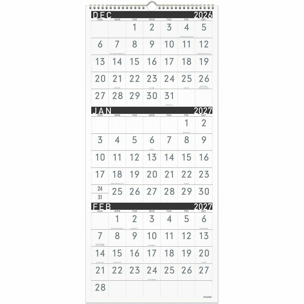 Three-Month Reference Wall Calendar, Contemporary Artwork/Formatting, 12 x 27, White Sheets, 15-Month (Dec-Feb): 2023 to 2025