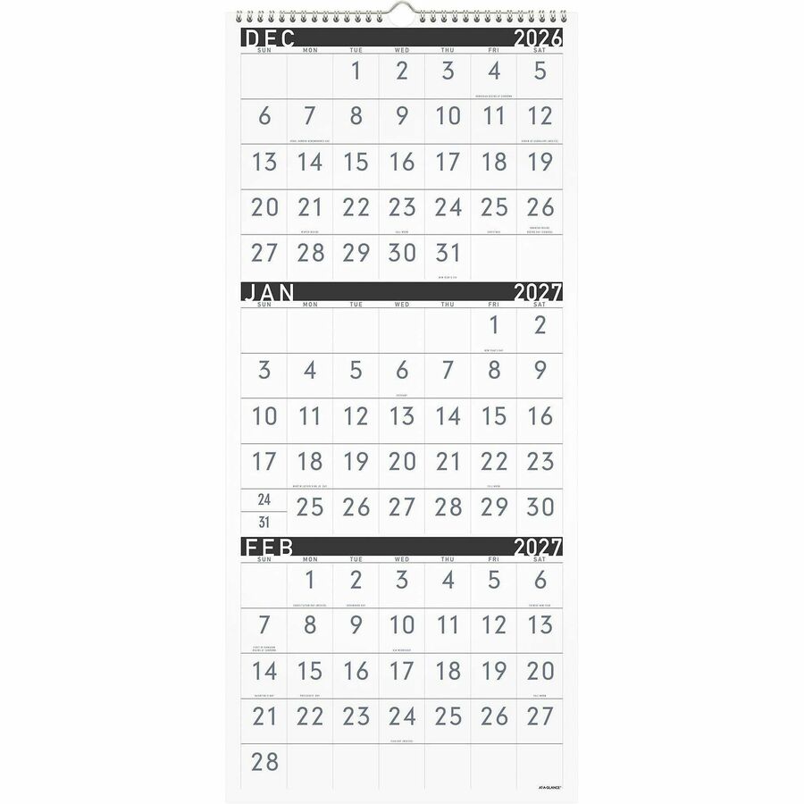Three-Month Reference Wall Calendar, Contemporary Artwork/Formatting, 12 x 27, White Sheets, 15-Month (Dec-Feb): 2023 to 2025