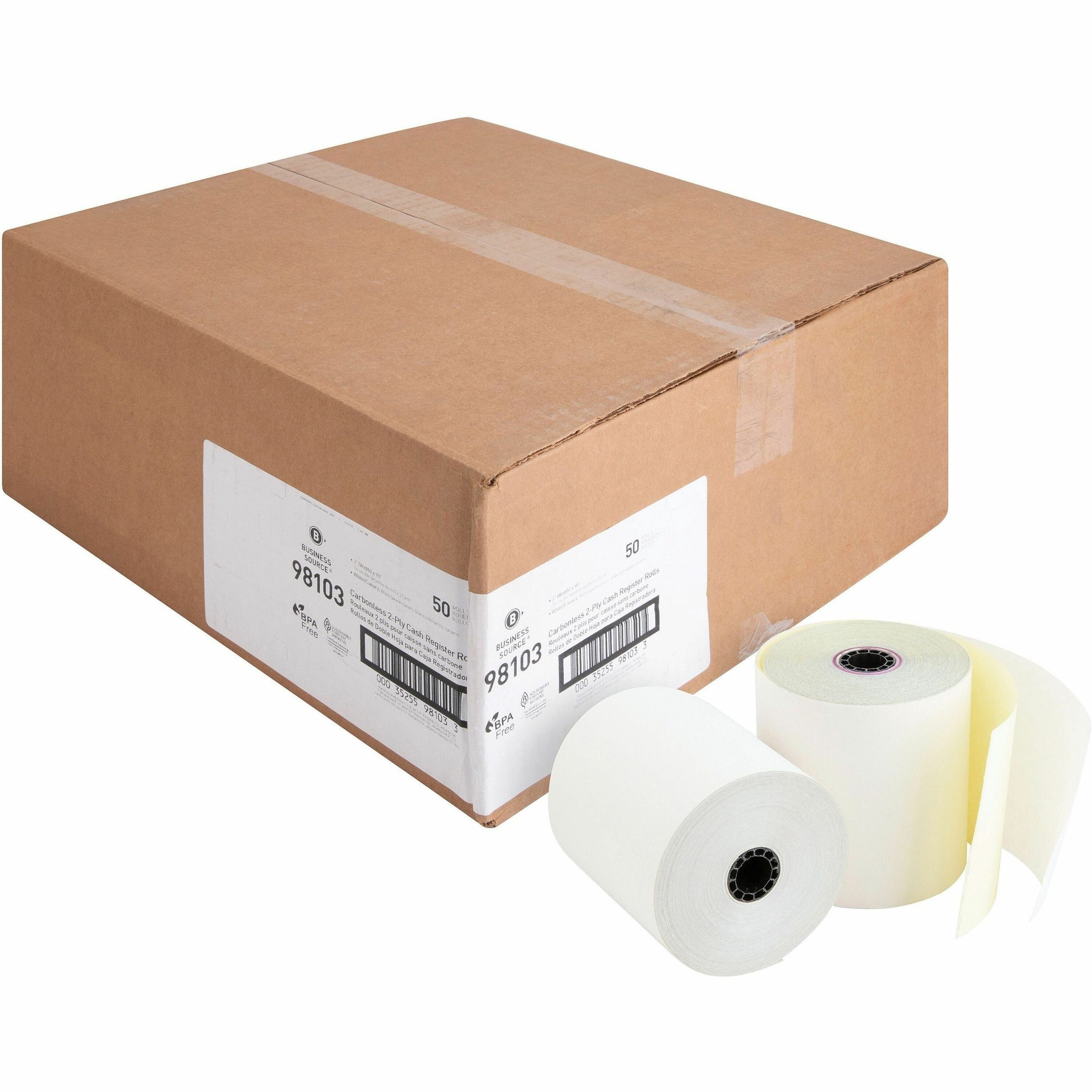 Business Source 2-part Carbonless Cash Register Rolls - 3" x 90 ft - 50 / Carton - Sustainable Forestry Initiative (SFI) - White