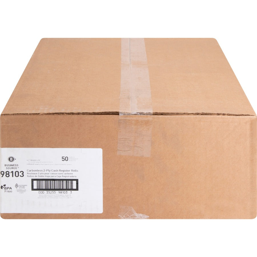 Business Source 2-part Carbonless Cash Register Rolls - 3" x 90 ft - 50 / Carton - Sustainable Forestry Initiative (SFI) - White