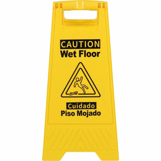 Genuine Joe Universal Graphic Wet Floor Sign - 6 / Carton - English, Spanish - Wet Floor Print/Message - Foldable - Yellow