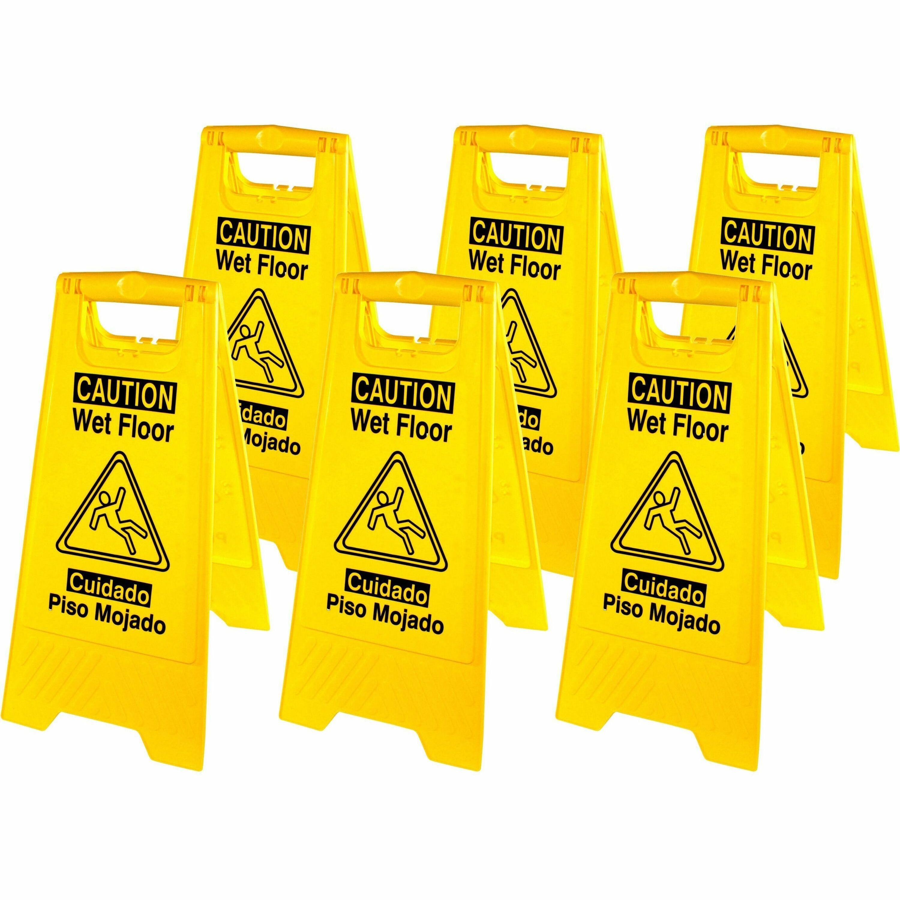 genuine-joe-universal-graphic-wet-floor-sign-6-carton-english-spanish-wet-floor-print-message-foldable-yellow_gjo85117ct - 1