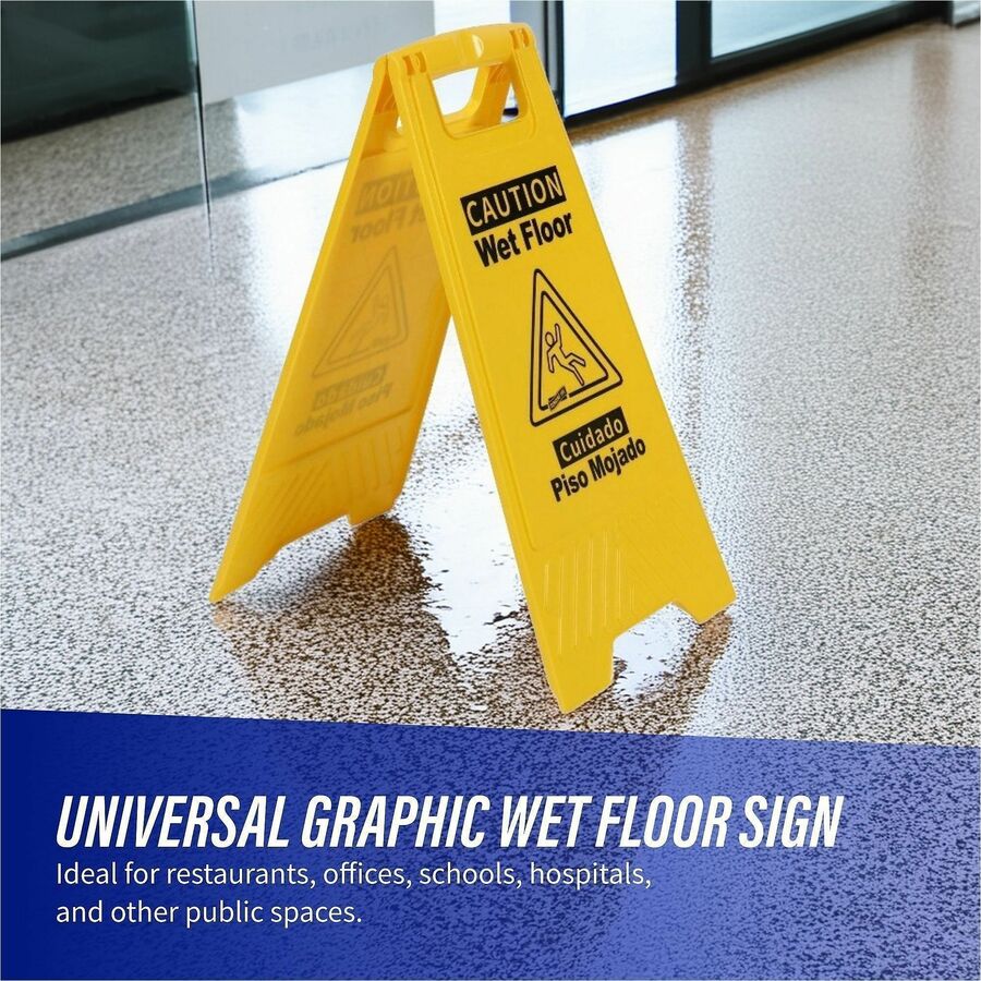 Genuine Joe Universal Graphic Wet Floor Sign - 6 / Carton - English, Spanish - Wet Floor Print/Message - Foldable - Yellow
