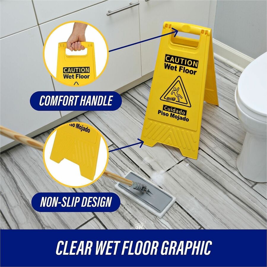 Genuine Joe Universal Graphic Wet Floor Sign - 6 / Carton - English, Spanish - Wet Floor Print/Message - Foldable - Yellow