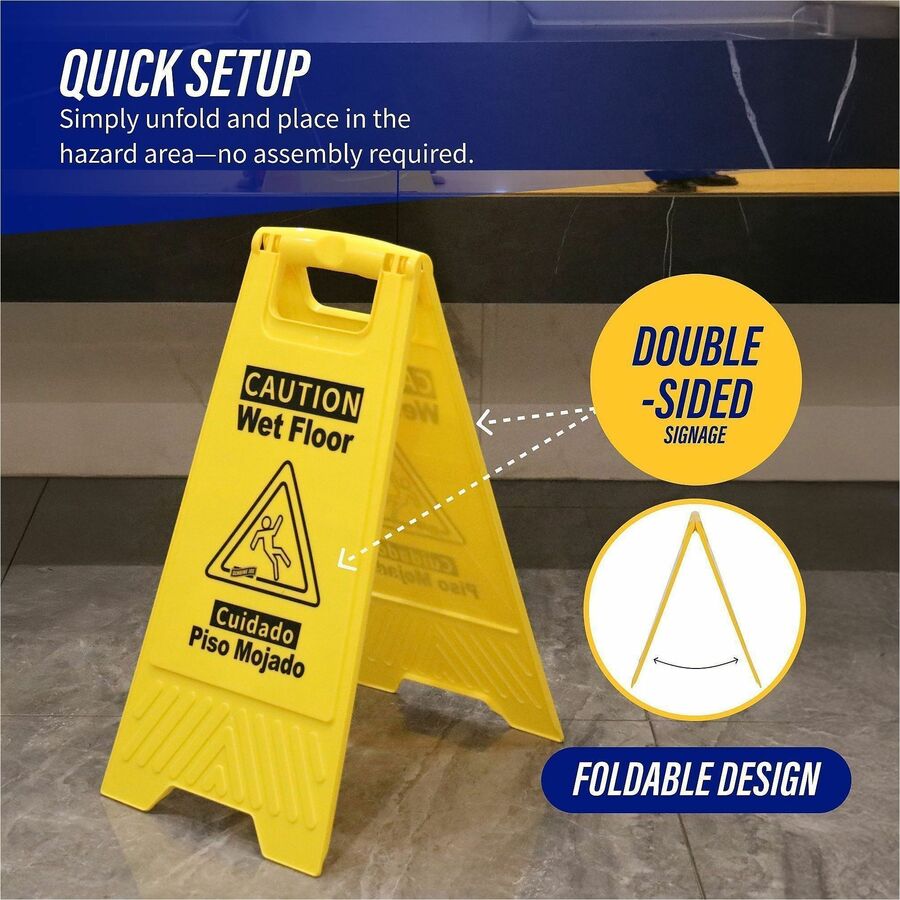 Genuine Joe Universal Graphic Wet Floor Sign - 6 / Carton - English, Spanish - Wet Floor Print/Message - Foldable - Yellow