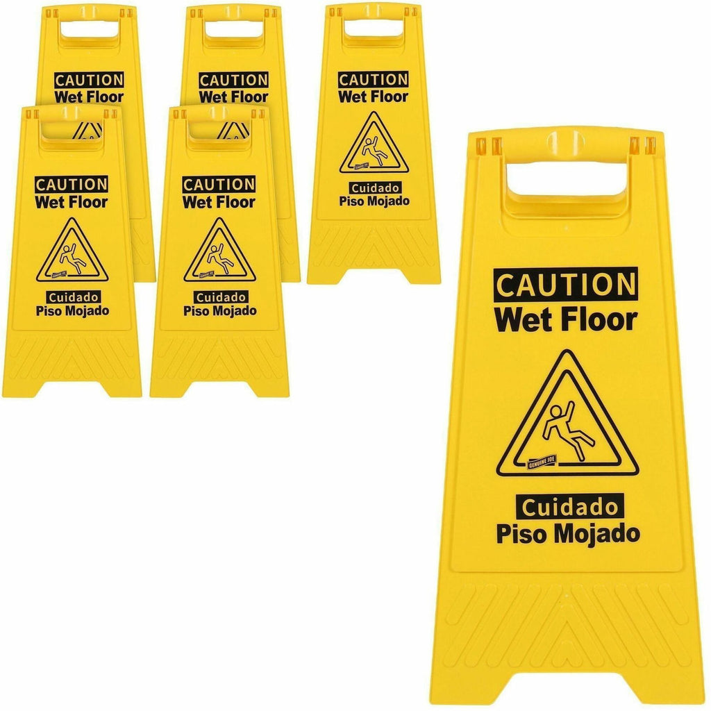 Genuine Joe Universal Graphic Wet Floor Sign - 6 / Carton - English, Spanish - Wet Floor Print/Message - Foldable - Yellow