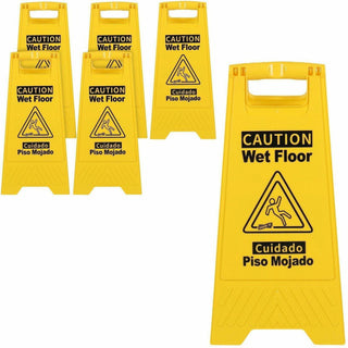 Genuine Joe Universal Graphic Wet Floor Sign - 6 / Carton - English, Spanish - Wet Floor Print/Message - Foldable - Yellow