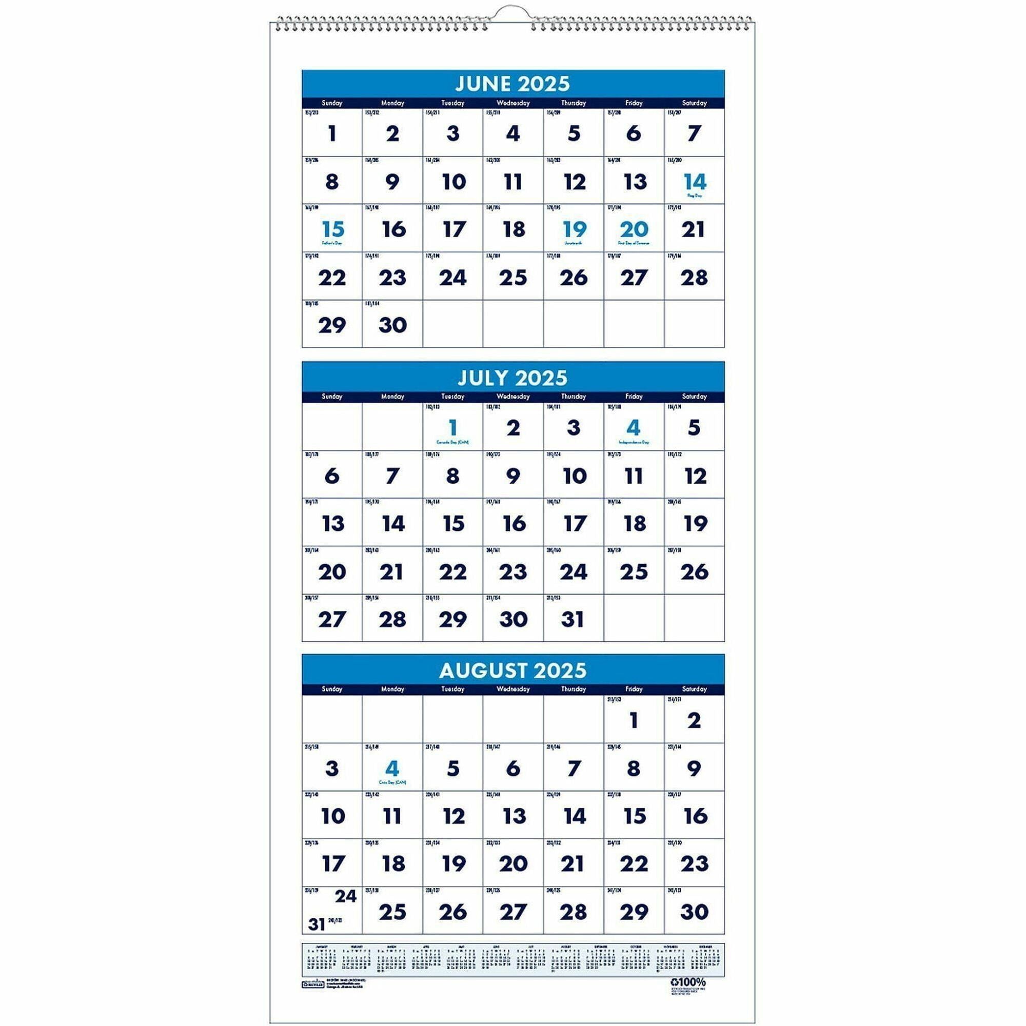 Recycled Three-Month Format Wall Calendar, Vertical Orientation, 8 x 17, White Sheets, 14-Month (June to July): 2023 to 2024
