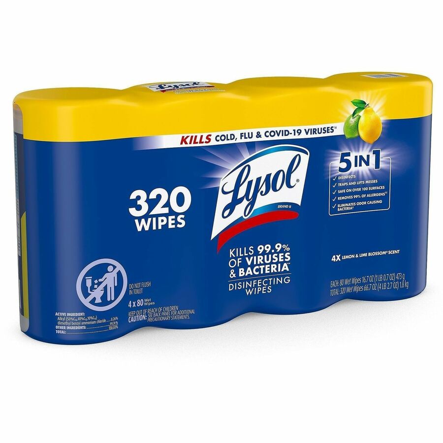 Lysol 4-pack Disinfecting Wipes - Lemon Lime Scent - 80.0 / Canister - 4 / Pack - Pre-moistened, Antibacterial, Disinfectant - White