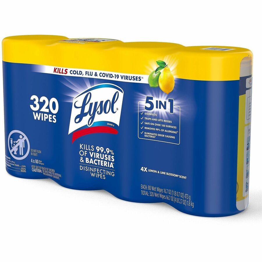 Lysol 4-pack Disinfecting Wipes - Lemon Lime Scent - 80.0 / Canister - 4 / Pack - Pre-moistened, Antibacterial, Disinfectant - White