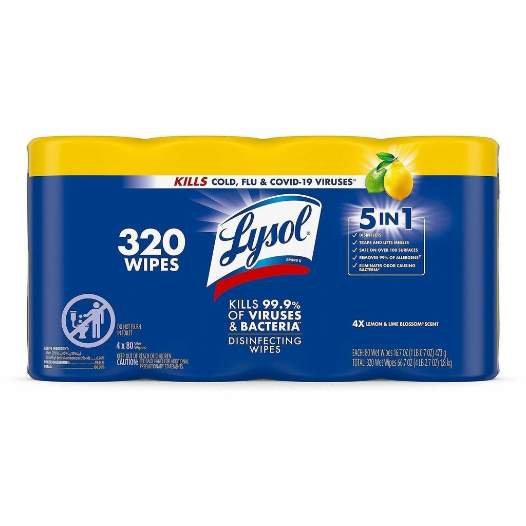 Lysol 4-pack Disinfecting Wipes - Lemon Lime Scent - 80.0 / Canister - 4 / Pack - Pre-moistened, Antibacterial, Disinfectant - White