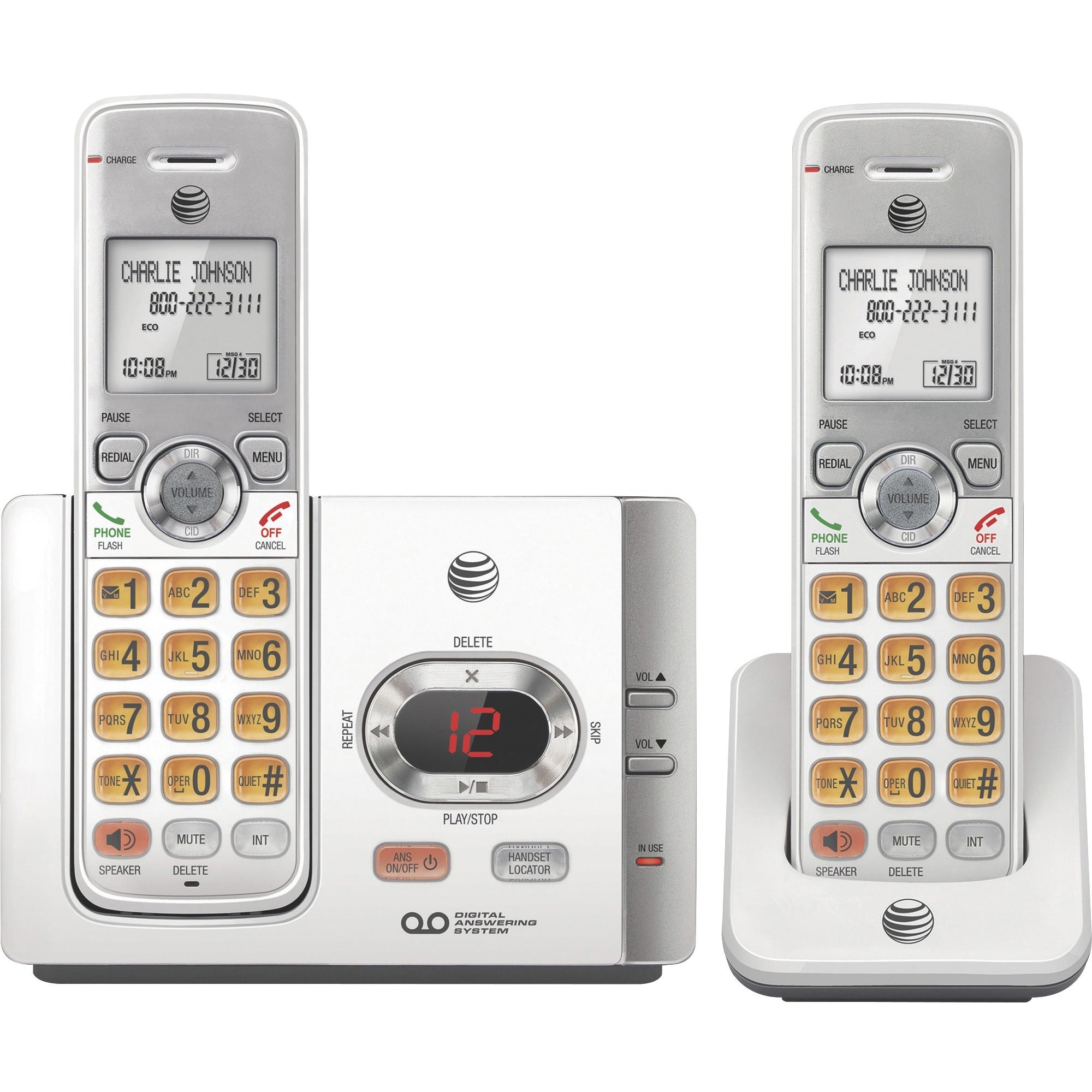 AT&T EL52215 DECT 6.0 Cordless Phone - Silver, Black - Cordless - 1 x Phone Line - 2 x Handset - Speakerphone - Answering Machine