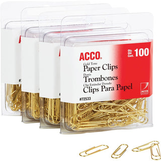ACCO Gold Tone Paper Clips - No. 2 - 1.4" Length x 0.5" Width - 10 Sheet Capacity - for Office, Home, School, Document, Paper - Sturdy, Flex Resistant, Bend Resistant - 400 / Pack - Gold