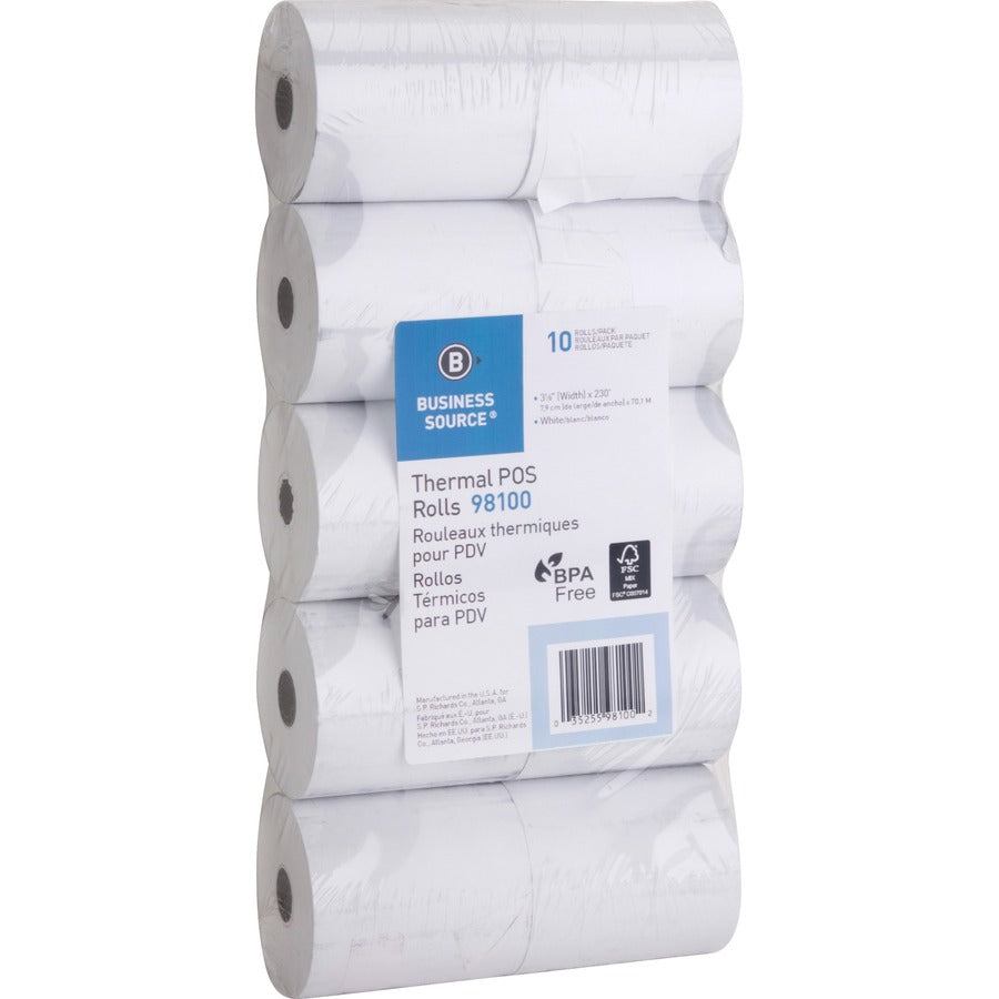Business Source 3-1/8"x230' POS Receipt Thermal Rolls - 3 1/8" x 230 ft - 10 / Pack - White