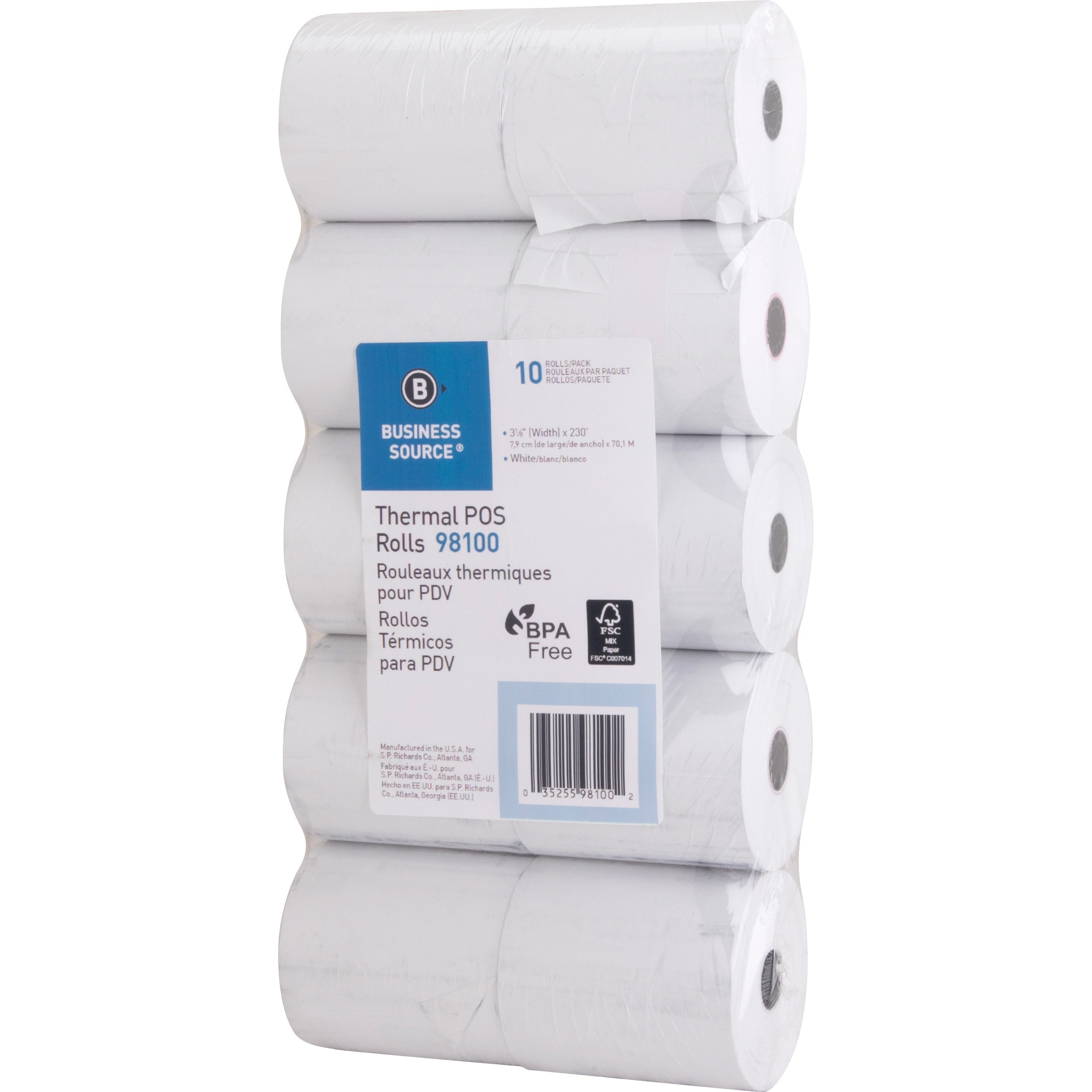 business-source-3-1-8x230-pos-receipt-thermal-rolls-3-1-8-x-230-ft-10-pack-white_bsn98100 - 2