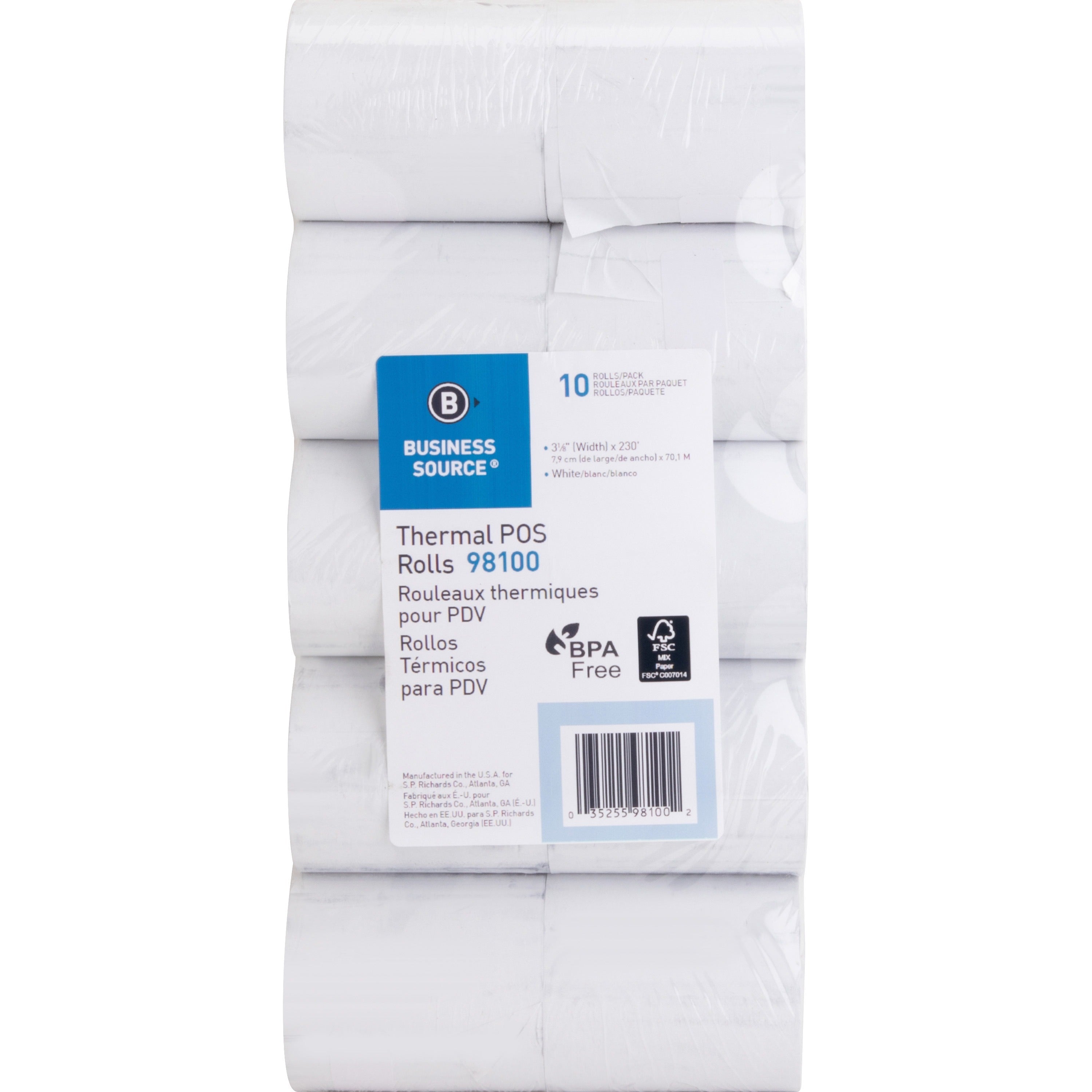 business-source-3-1-8x230-pos-receipt-thermal-rolls-3-1-8-x-230-ft-10-pack-white_bsn98100 - 1