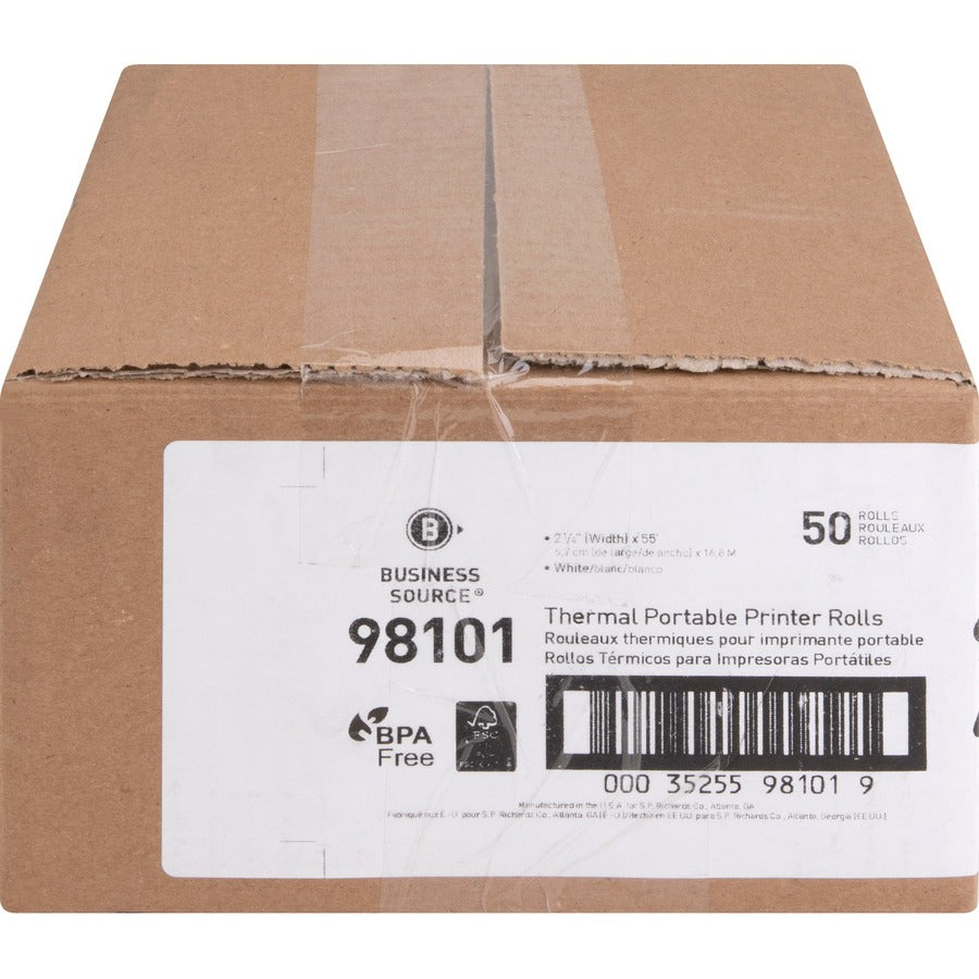 Business Source Portable Printer Thermal Rolls - 2 1/4" x 55 ft - 50 / Carton - BPA Free - White