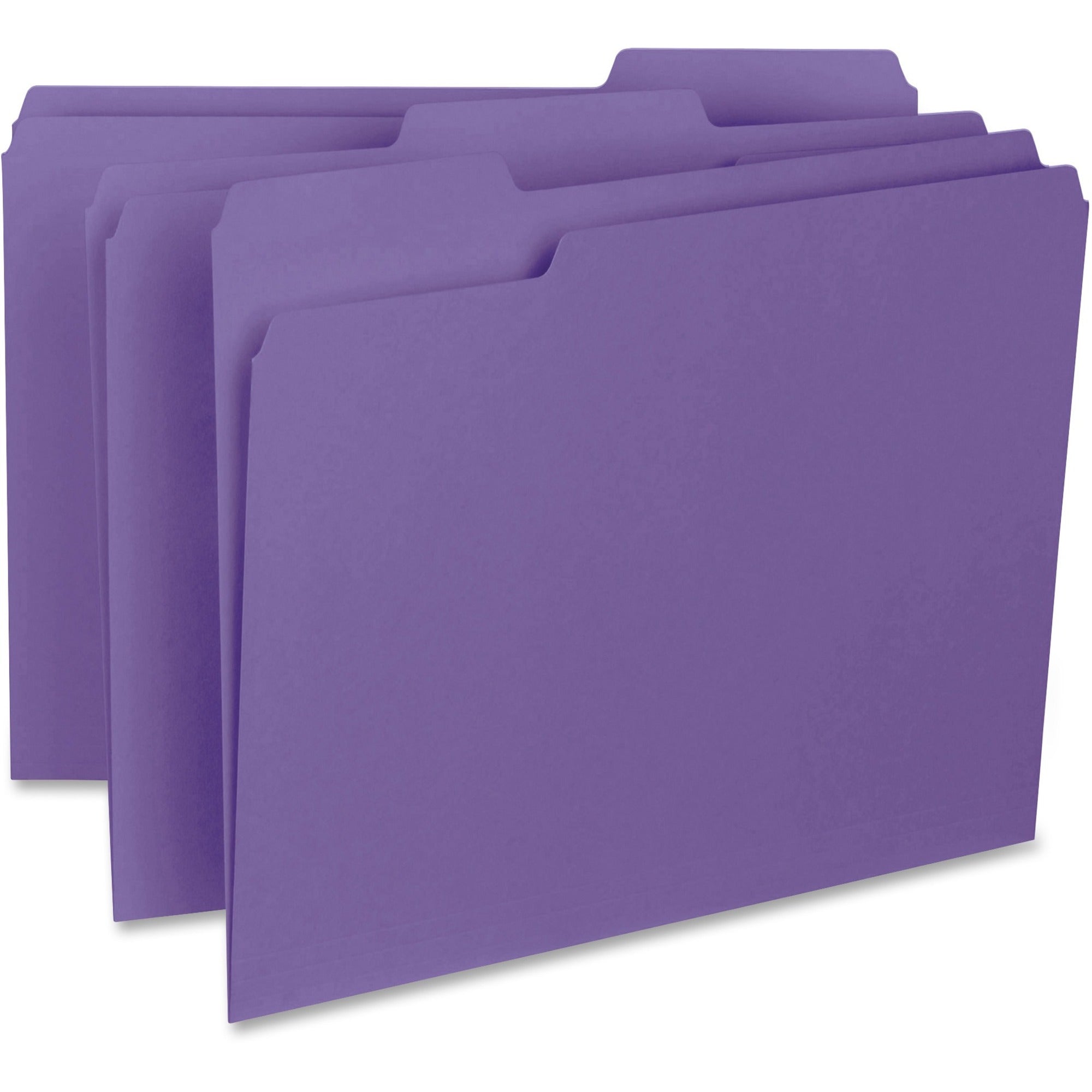 business-source-1-3-tab-cut-letter-recycled-top-tab-file-folder-8-1-2-x-11-top-tab-location-assorted-position-tab-position-purple-10%-recycled-100-box_bsn99717 - 1