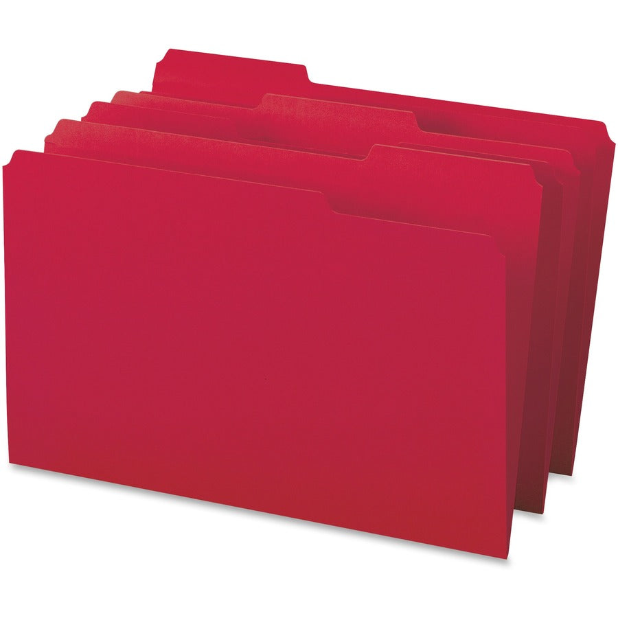 Business Source 1/3 Tab Cut Legal Recycled Top Tab File Folder - 8 1/2" x 14" - Top Tab Location - Assorted Position Tab Position - Red - 10% Recycled - 100 / Box